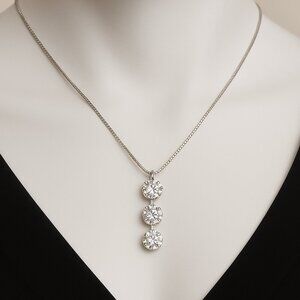 Necklace - Swarovski Crystal  - Triple Stones Drop Pendant, Rhodium Overlay, 18"